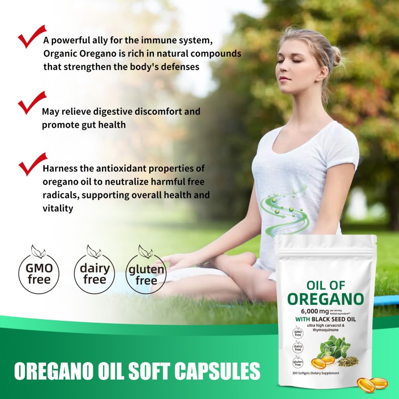 Adult Oregano and Black Seed Oil Soft Capsules Immune Booster and Gut Protection Health Supplement