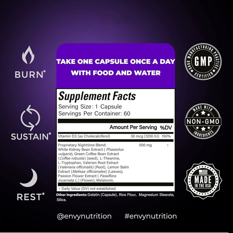 Non-GMO Gluten-Free White Kidney Bean Extract Weight Loss Capsules Night Fat Burner with Metabolism Support Herbal Supplement