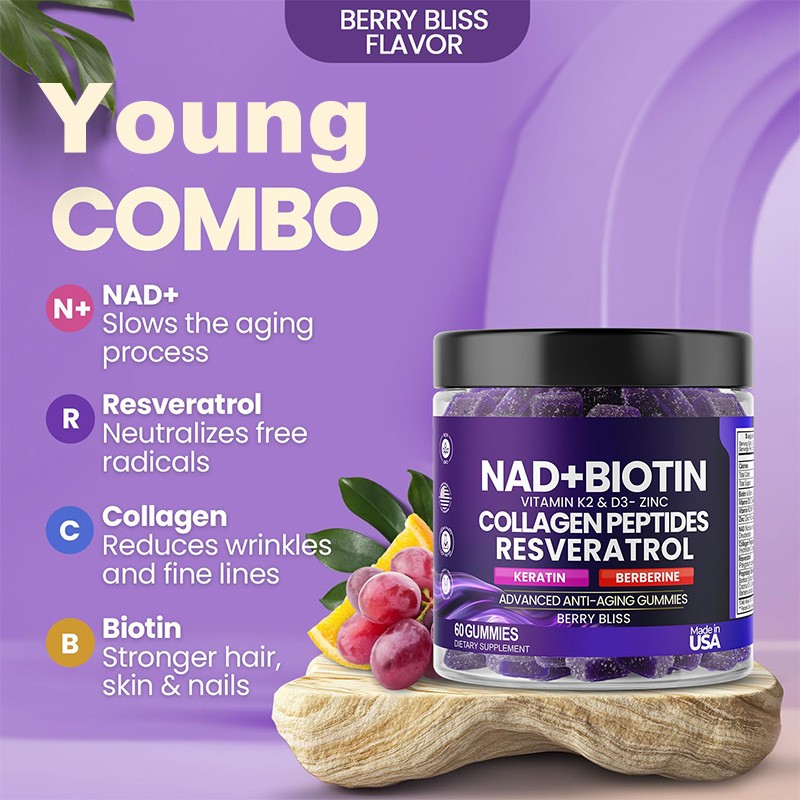 NAD+ Nicotinamide Biotin Resveratrol Collagen Keratin Multivitamin 60 Gummies Adult Nail Gummies