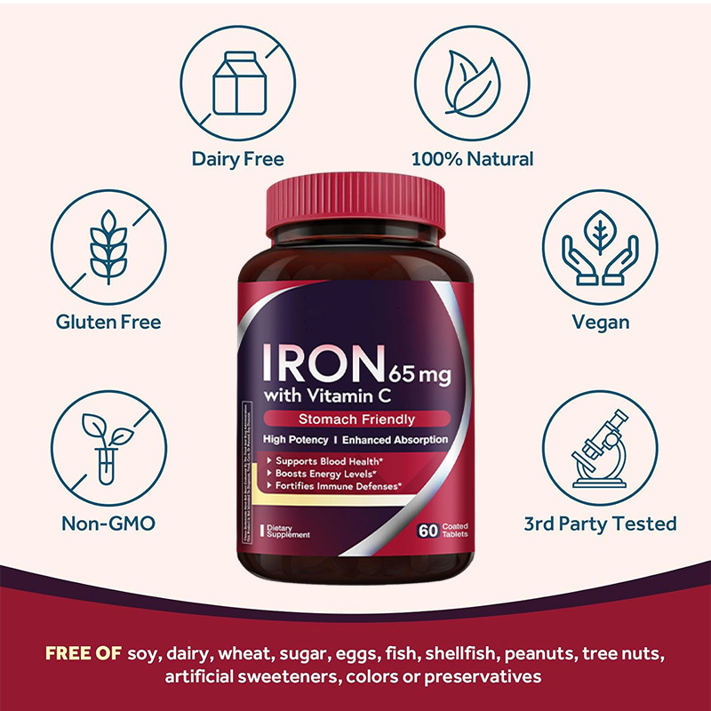 Adult Vegan Iron Tablets Enhanced Absorption Energy Support Psyllium Seed Herbal Supplement Mineral Product