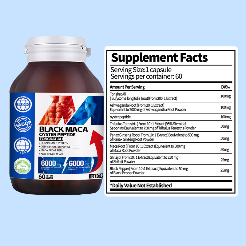Male Enhancer Black Maca Oyster Peptide Tongkat Ali Extract Supplement Increase Adult Male Vitality Capsules Pills