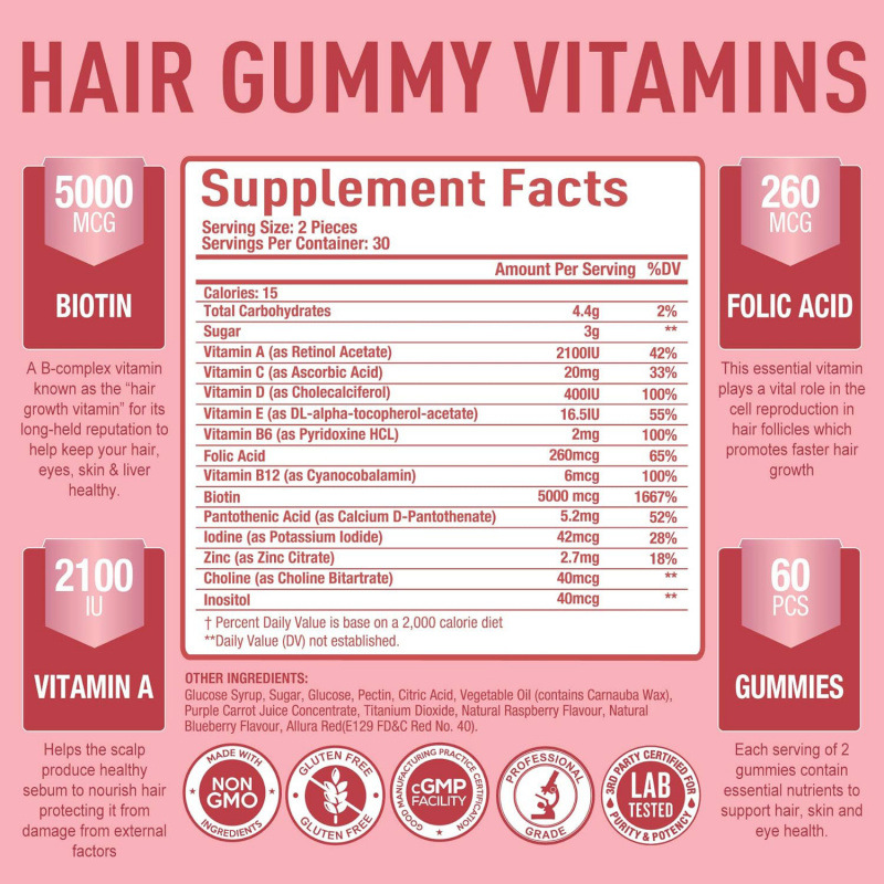Vegan Hair Nails Vitamin Biotin Gummies Supplement Beauty Product for Adult Strong Shiny Hair