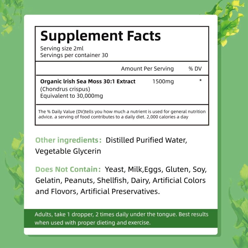 Irish Seamoss Seaweed Drops Liquid Complex Seamoss Premium Plus Turmeric Extract 95% with Bladderwrack and Burdock Root