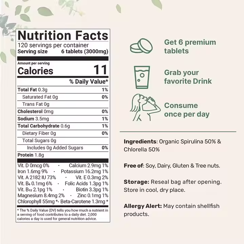 OEM Premium Spirulina and Chlorella Tablets Non-GMO Vegan Organic Spirulina Chlorella