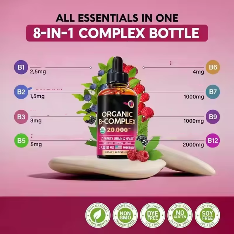 OEM Private Label Vitamin B Complex B5 Pantothenic Acid Vitamin B1 B6 B12 Drops 60ml