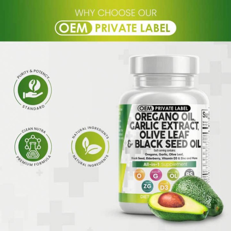 Besica OEM Oregano Oil Capsules with Garlic Extract Olive Leaf Black Seed Oil - Men Women Digestive Health Supplement