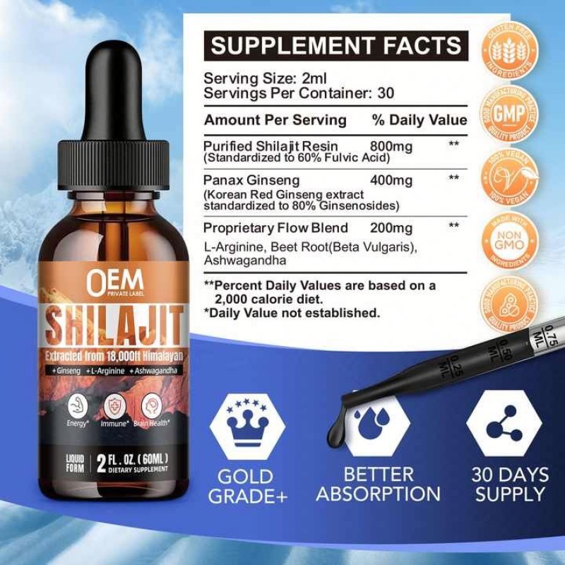 Besica OEM Factory Naturally Purified Shilajit Drops Fulvic Acid Shilajit Extract Resin Pure Himalayan Shilajit Liquid