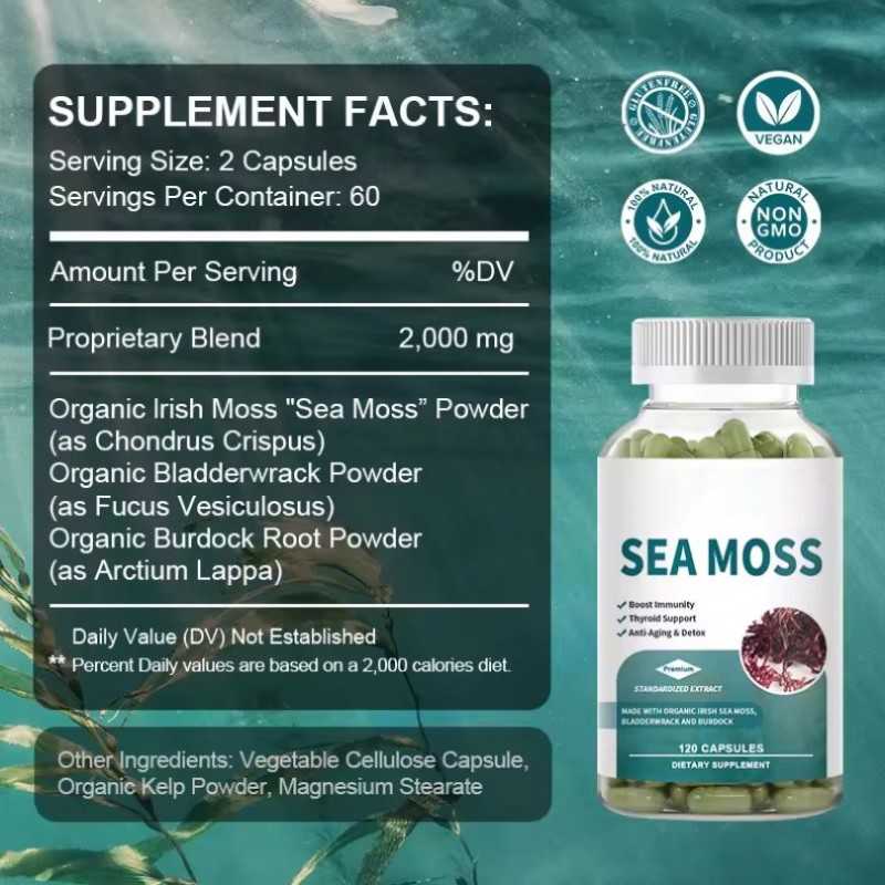 OEM Private Label Organic Sea Moss Capsules 2000mg with Bladderwrack and Burdock Root for Joint Health