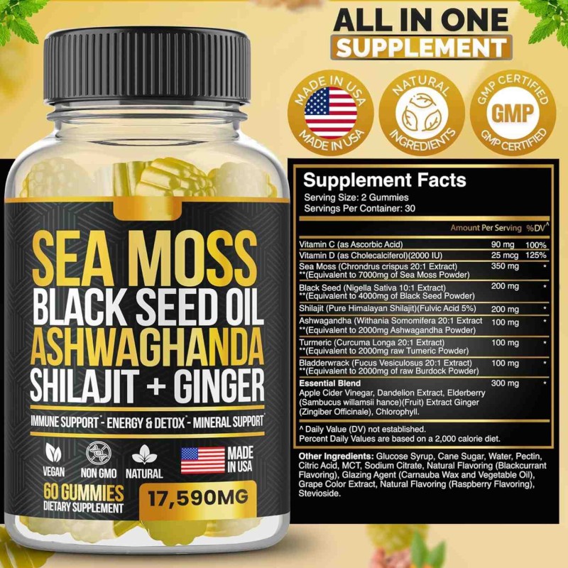 Besica Sea Moss Black Seed Oil Ashwagandha Gummies with Shilajit