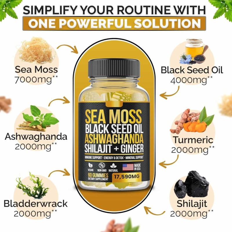 Besica Sea Moss Black Seed Oil Ashwagandha Gummies with Shilajit