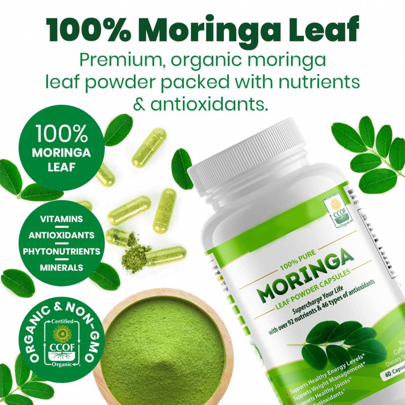 Besica Private Label OEM Pure Organic Moringa Leaf Powder Capsules 1300mg Moringa Leaf Powder Capsule Supplement