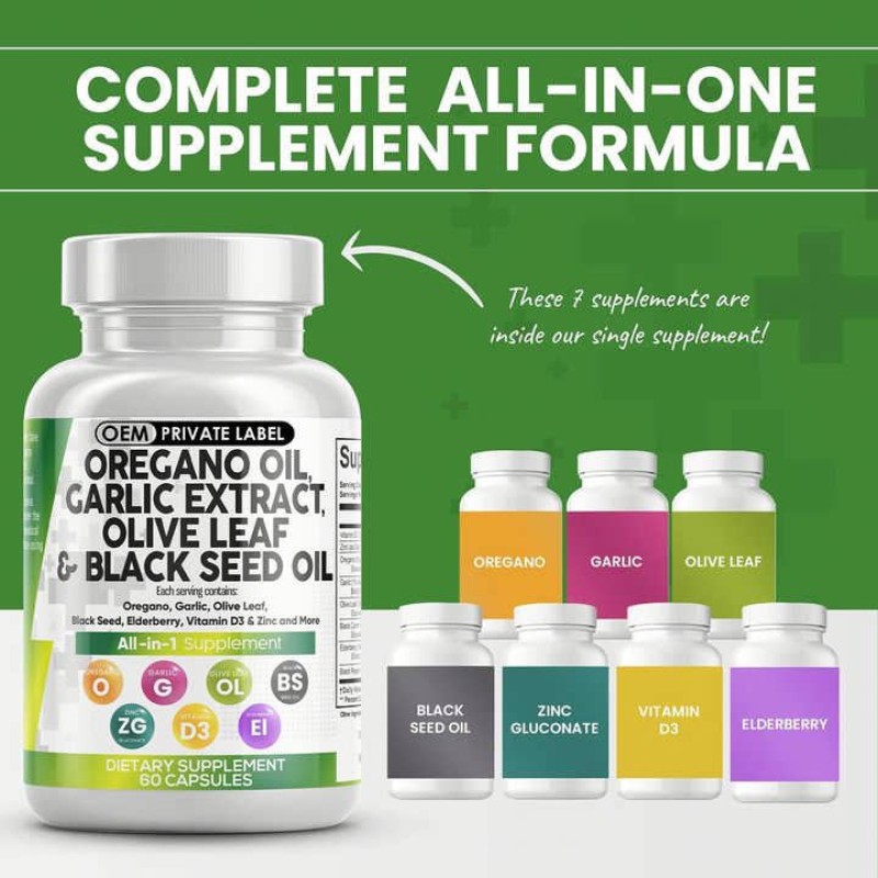 Besica OEM Oregano Oil Capsules with Garlic Extract Olive Leaf Black Seed Oil - Men Women Digestive Health Supplement