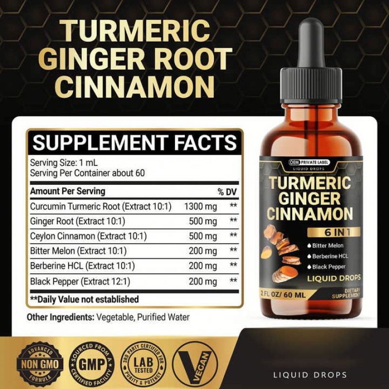 Besica 6-in-1 Liquid Turmeric Curcumin with Ginger Berberine Extract Ceylon Cinnamon Bitter Melon Drops Joint Support