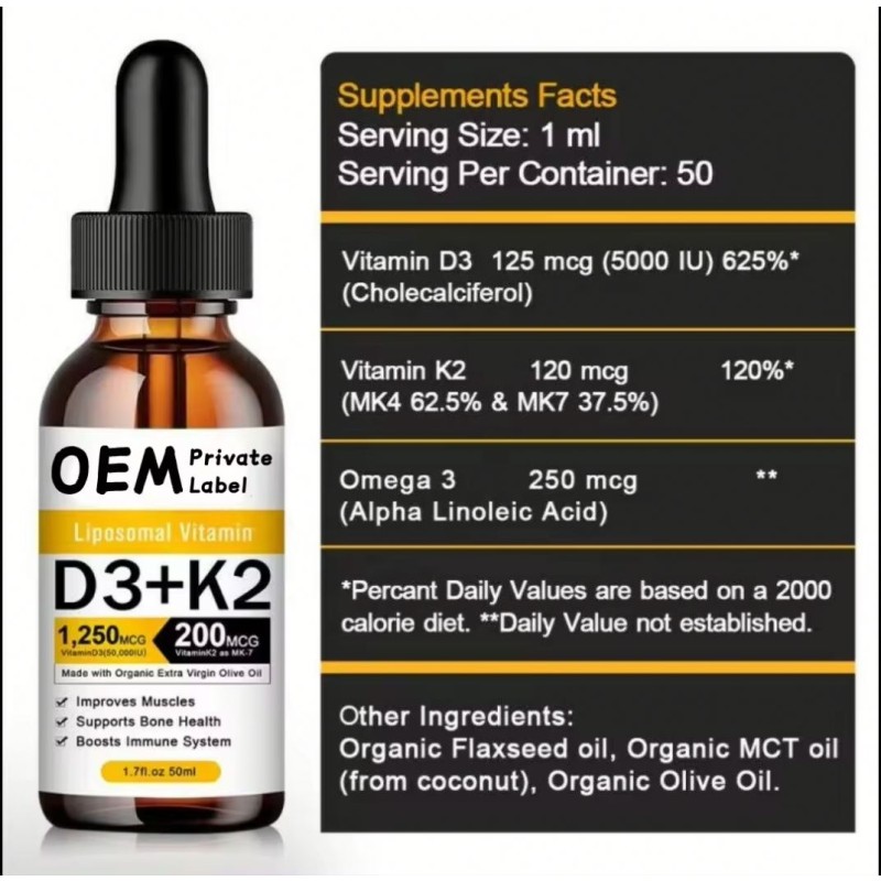 Besica OEM Private Label Organic Vitamin D3 K2 Drops MCT Oil Omega 3 Liquid Vitamin D Supplement for Adults and Children