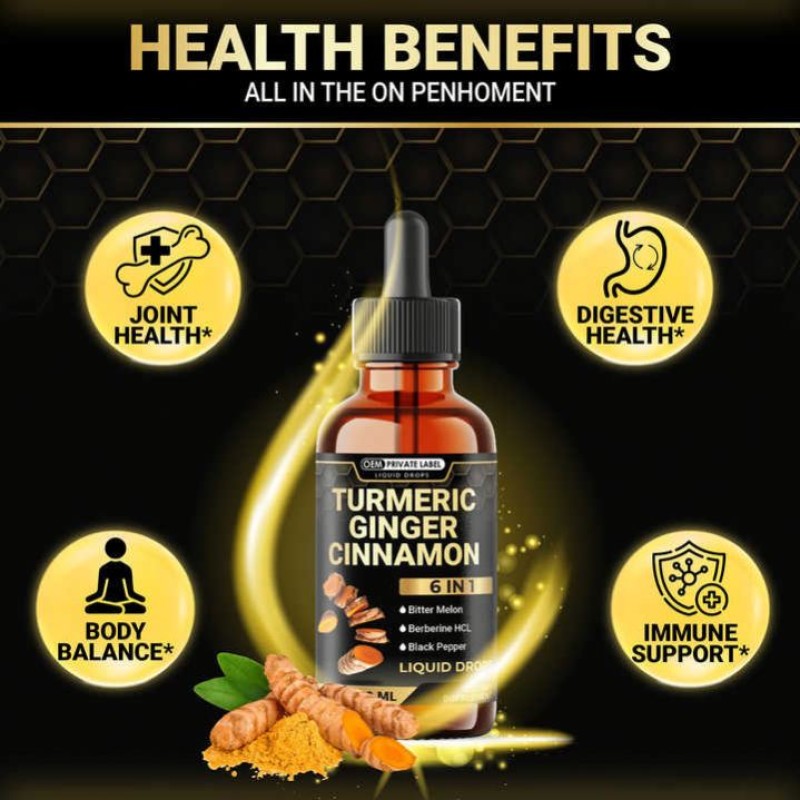 Besica 6-in-1 Liquid Turmeric Curcumin with Ginger Berberine Extract Ceylon Cinnamon Bitter Melon Drops Joint Support