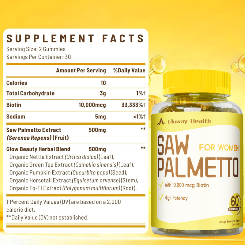 OEM/ODM Women's Saw Palmetto Biotin Gummies | Mango Pineapple Flavor | Zero Sugar Herbal Supplement