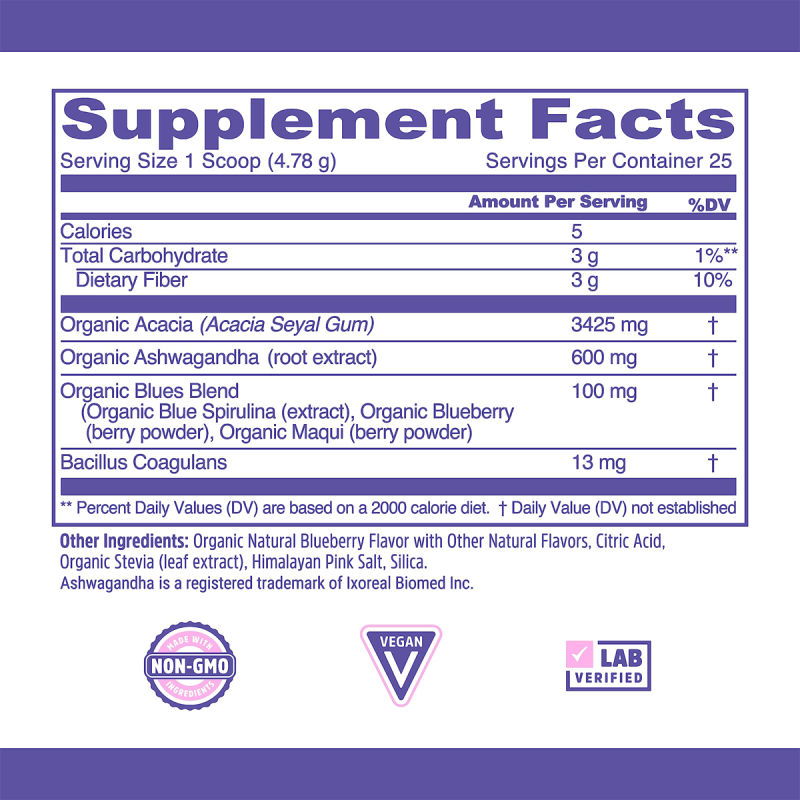 Organic Blueberry Flavor Ashwagandha Spirulina Fruit & Vegetable Powder - A Health & Vitality Dietary Supplement
