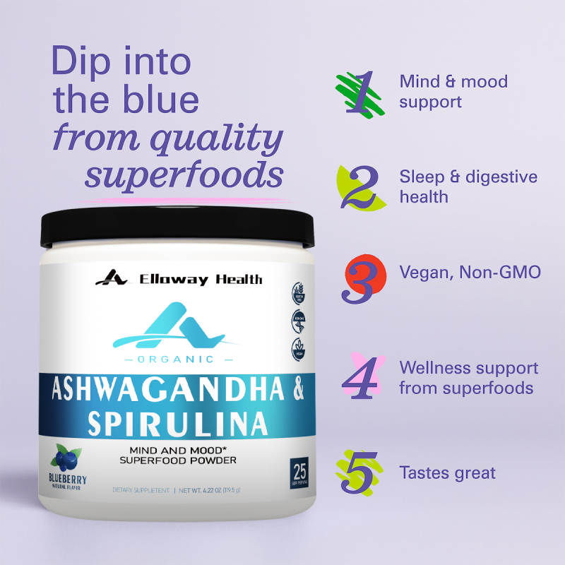 Organic Blueberry Flavor Ashwagandha Spirulina Fruit & Vegetable Powder - A Health & Vitality Dietary Supplement
