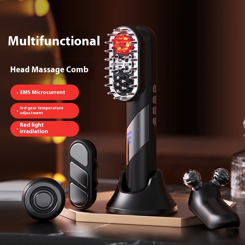 Rechargeable EMS Hair Growth Comb Beauty Device with 4 Replaceable Heads for Facial Lifting and Body Massage