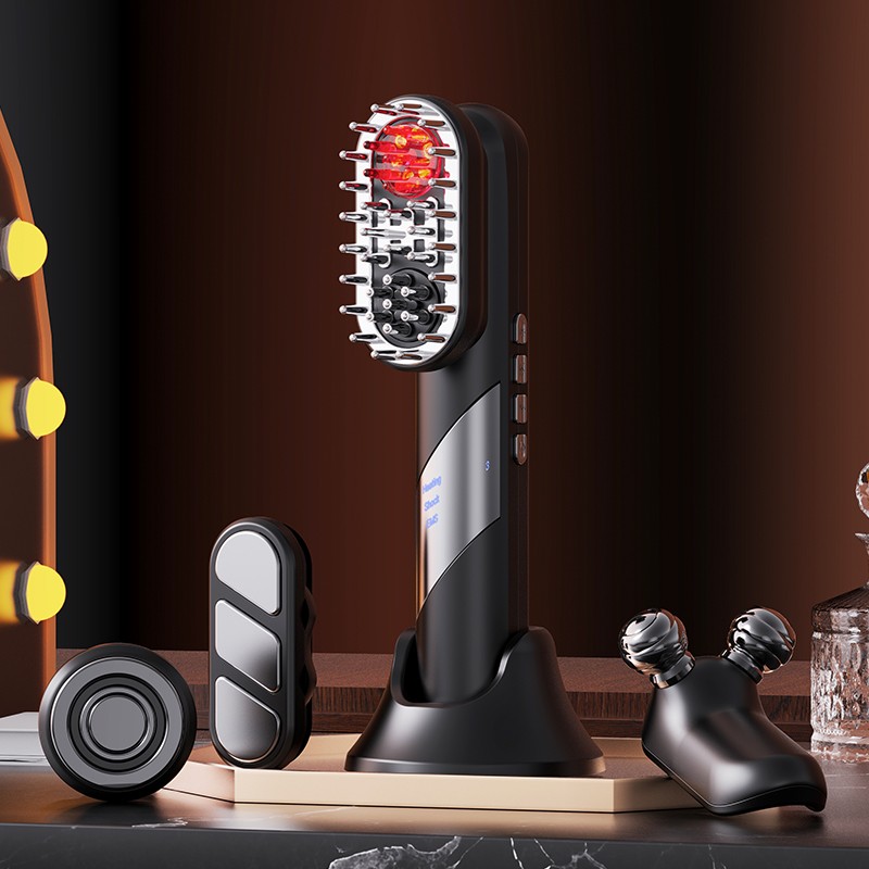 Rechargeable EMS Hair Growth Comb Beauty Device with 4 Replaceable Heads for Facial Lifting and Body Massage