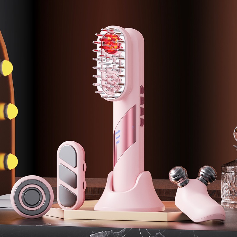 Rechargeable EMS Hair Growth Comb Beauty Device with 4 Replaceable Heads for Facial Lifting and Body Massage
