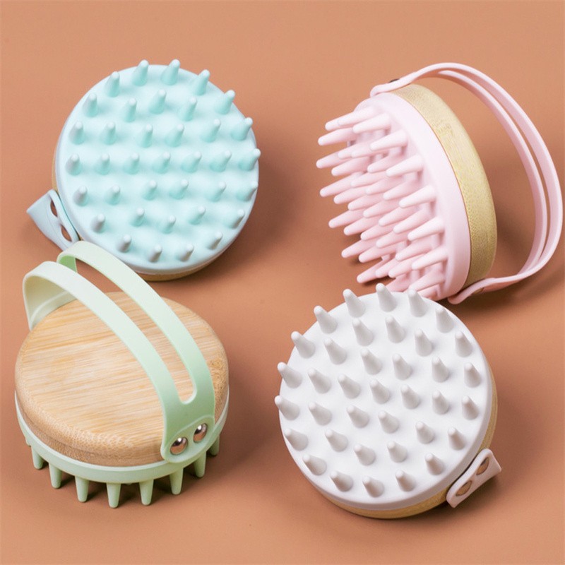 Wholesale Soft Silicone Wooden Washing  Exfoliation Hair Care Scalp Shampoo Brush Head Massager Hair Scalp Scrubber