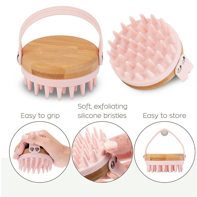 Wholesale Soft Silicone Wooden Washing  Exfoliation Hair Care Scalp Shampoo Brush Head Massager Hair Scalp Scrubber