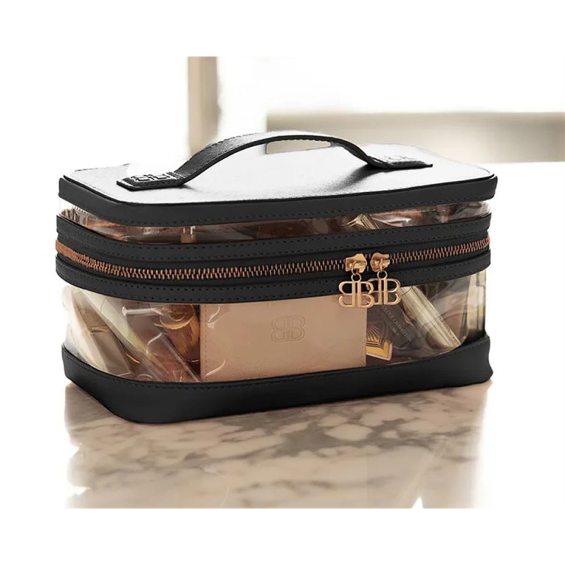 Luxury Large PU Leather Clear PVC Zipper Pouch Cases Custom Logo Professional Toiletry Travel Makeup Cosmetic Vanity Bag 50g