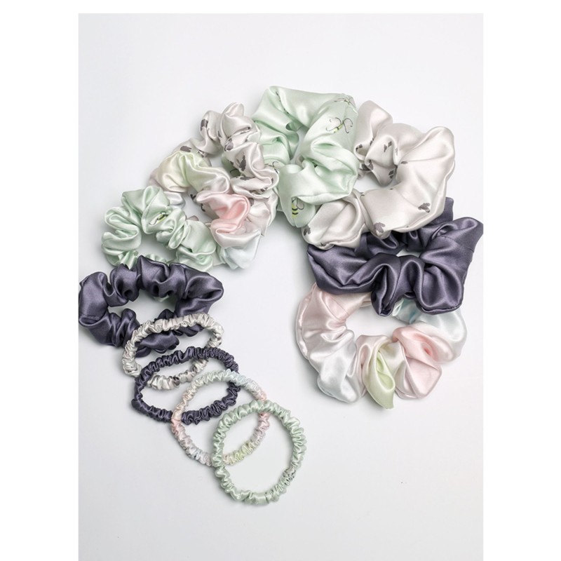 Wholesale Custom Personalized Logo Printed Pattern Luxury Satin Mulberry Silk Hair Tie Set Scrunchi Scrunchies With Sleeping