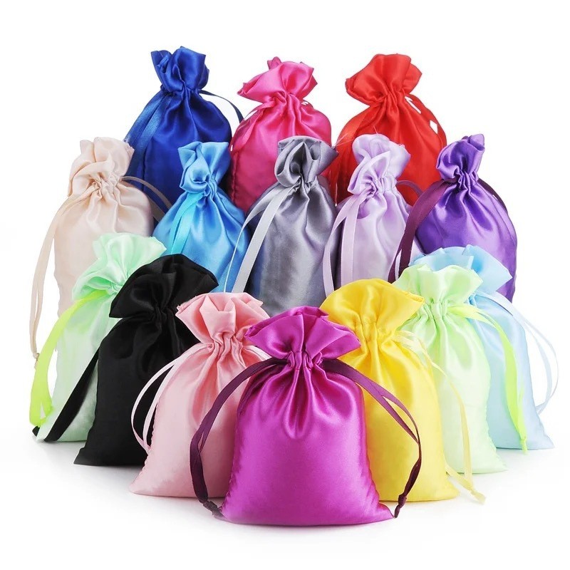 High Quality Custom Print Logo Reusable Travel Portable Pouch Candy Color Silk Satin Cloth Drawstring Dust Beauty Personal Care