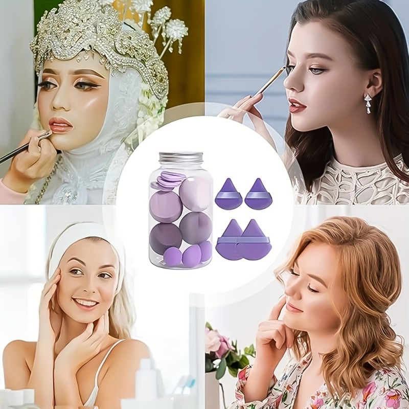 12pcs Purple Triangle Blender Sponges Makeup Powder Press Puffs Set with Bottle Make up Sponge