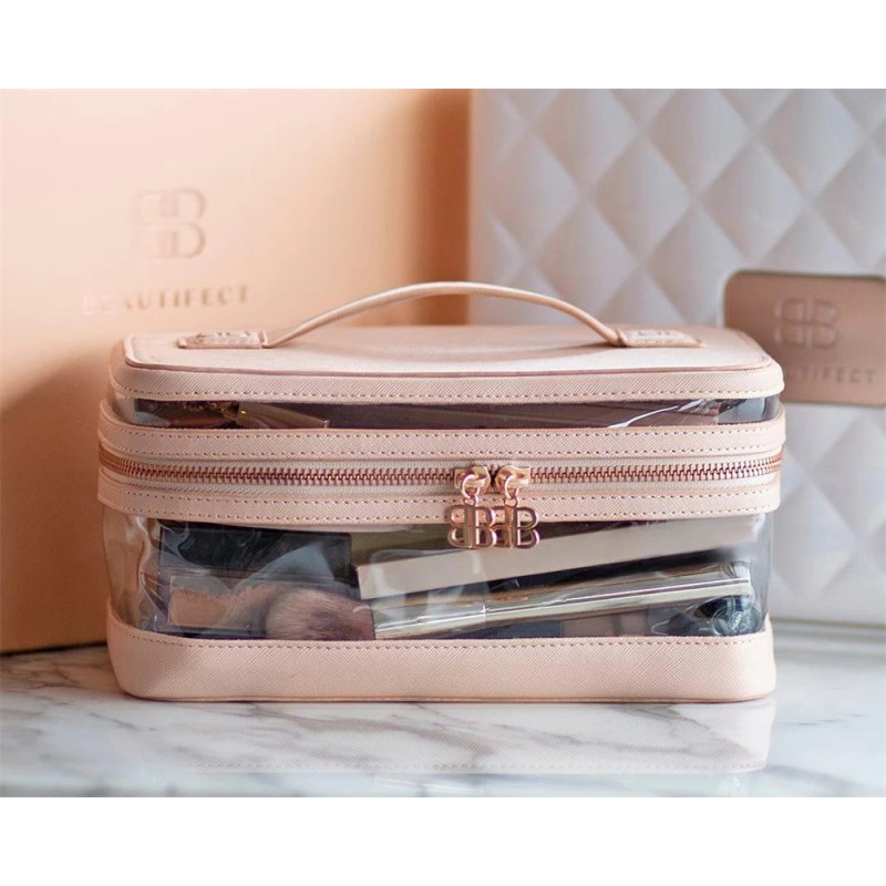 Luxury Large PU Leather Clear PVC Zipper Pouch Cases Custom Logo Small Professional Toiletry Travel Makeup Cosmetic Vanity 50g