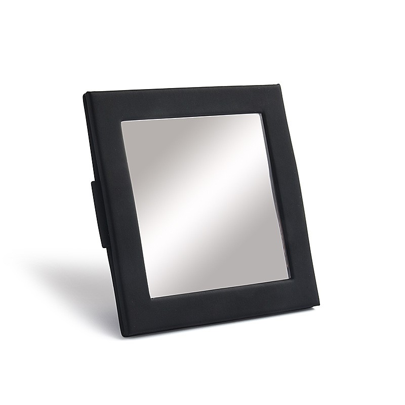 Luxury Silver Stamping Custom Logo Square Black Wallet Pouch Hand Held Portable Cosmetic Pocket Mirror