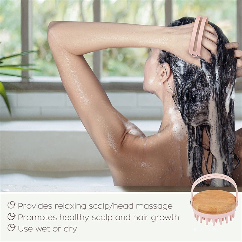 Wholesale Soft Silicone Wooden Washing  Exfoliation Hair Care Scalp Shampoo Brush Head Massager Hair Scalp Scrubber