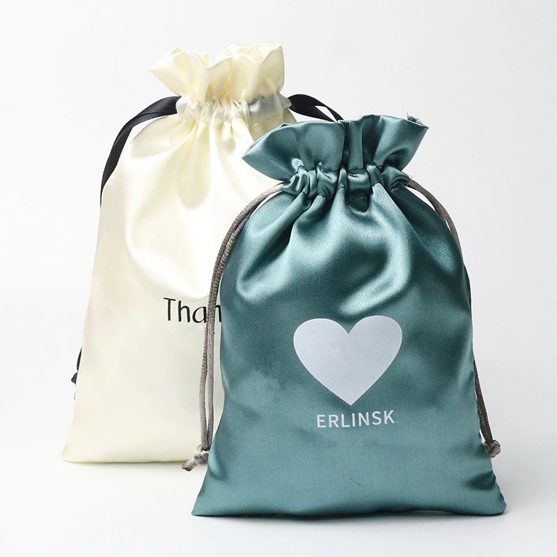 Custom Logo Printed Satin Silk Drawstring Pouch Elegant Gift Bag for Beauty Makeup Skincare Products