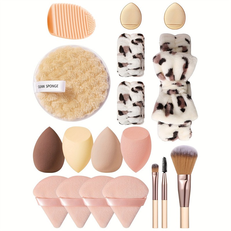 All-In-One Makeup Tool Kit Face Wash Headband & Powder Puffs Beauty Blenders Cleaning Sponge Brush Tools