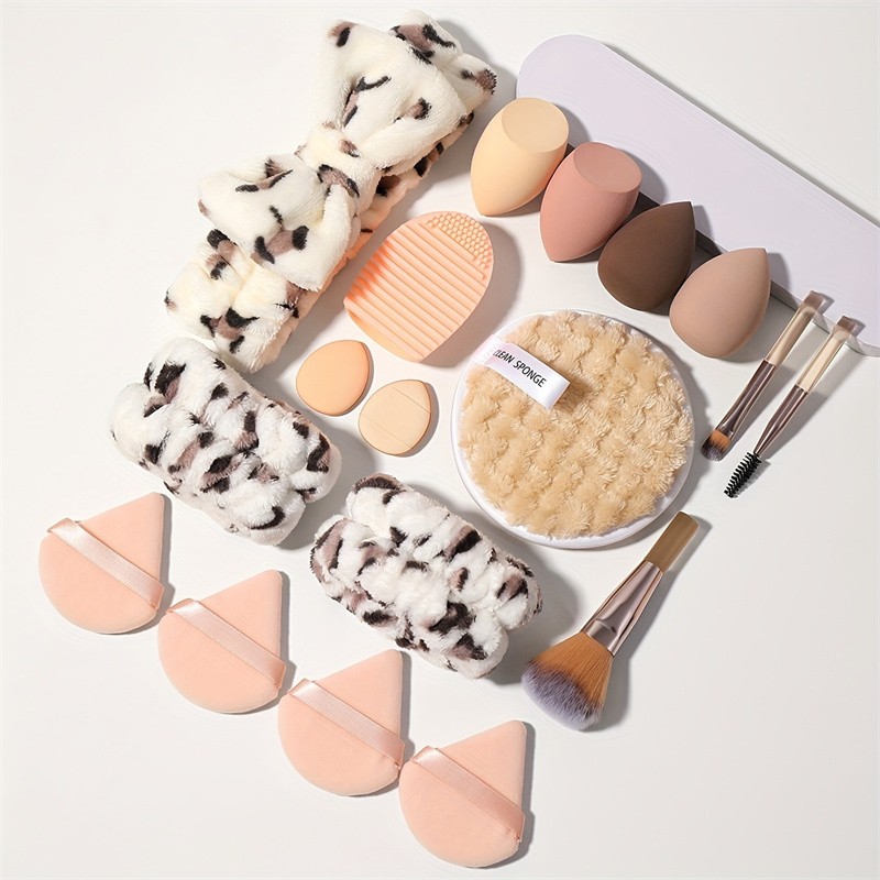All-In-One Makeup Tool Kit Face Wash Headband & Powder Puffs Beauty Blenders Cleaning Sponge Brush Tools