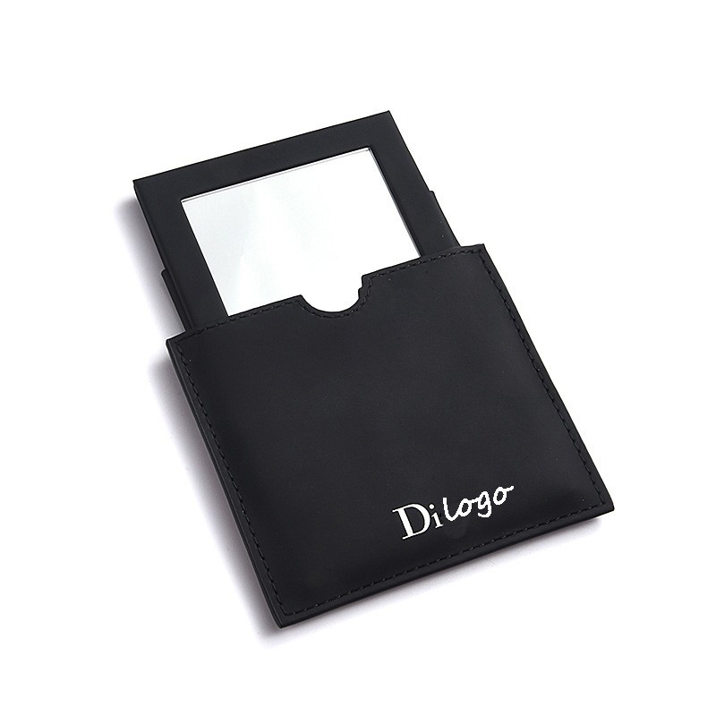 Luxury Silver Stamping Custom Logo Square Black Wallet Pouch Hand Held Portable Cosmetic Pocket Mirror