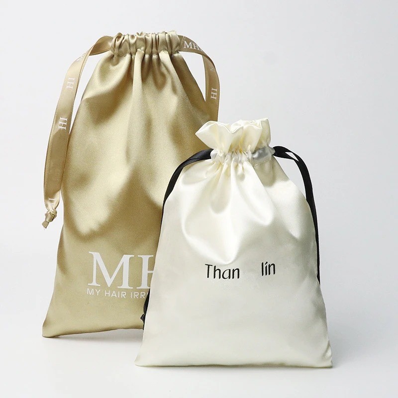 Custom Logo Printed Satin Silk Drawstring Pouch Elegant Gift Bag for Beauty Makeup Skincare Products