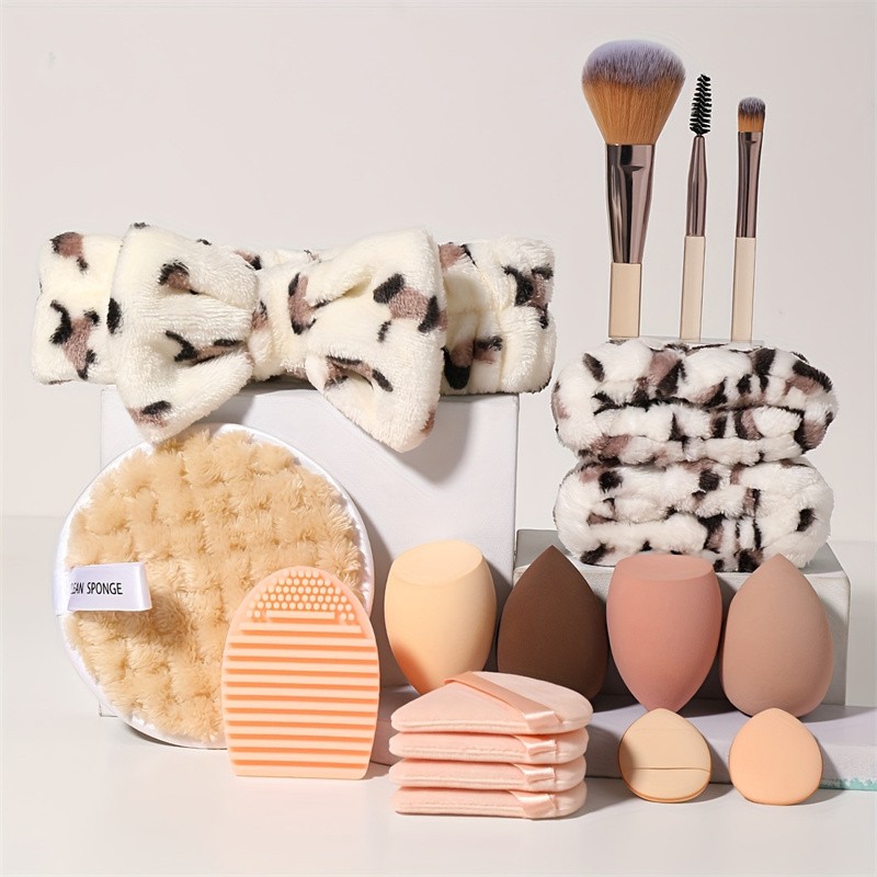 All-In-One Makeup Tool Kit Face Wash Headband & Powder Puffs Beauty Blenders Cleaning Sponge Brush Tools