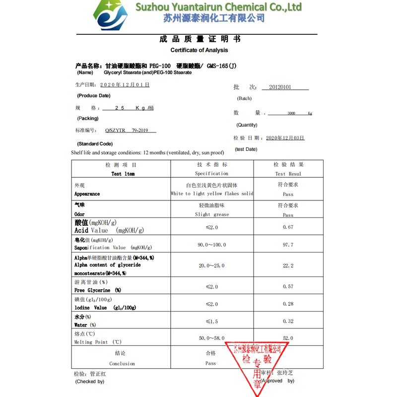 Glyceryl Stearate PEG-100 Stearate Factory - GMS-165 Emulsifier Raw
