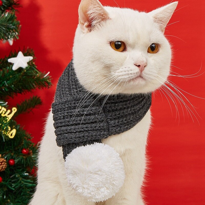 Knitted Dog Christmas Scarf Manufacturer - OKKPETS with White Fluffy Pom Pom
