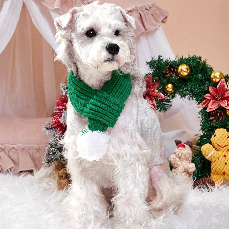 Knitted Dog Christmas Scarf Manufacturer - OKKPETS with White Fluffy Pom Pom