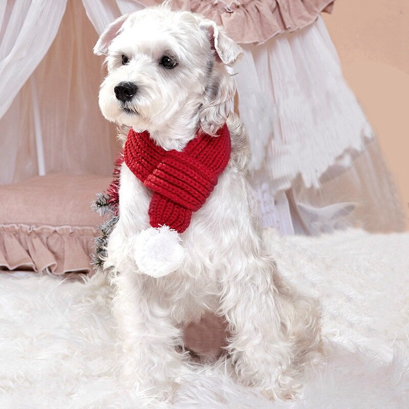 Knitted Dog Christmas Scarf Manufacturer - OKKPETS with White Fluffy Pom Pom