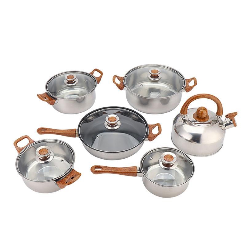 Stainless Steel Cookware Set Manufacturer - Hot Sale 12pcs with Brown Bakelite
