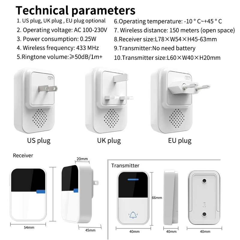 Wireless Doorbell Factory - 433MHz Anti-Interference 38 Chimes