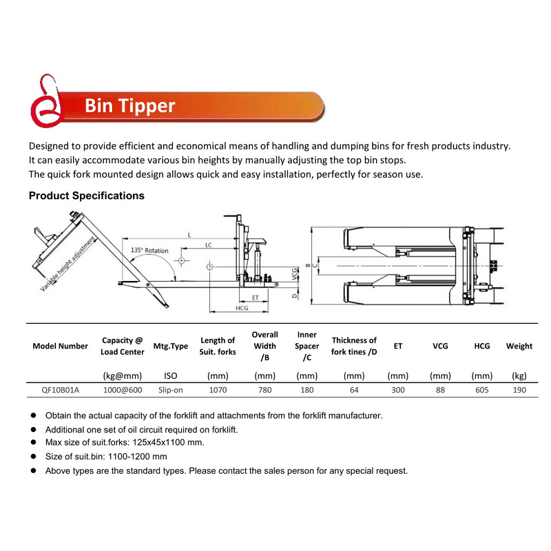 Forklift Bin Tipper - 1 Ton 1100-1200mm Factory