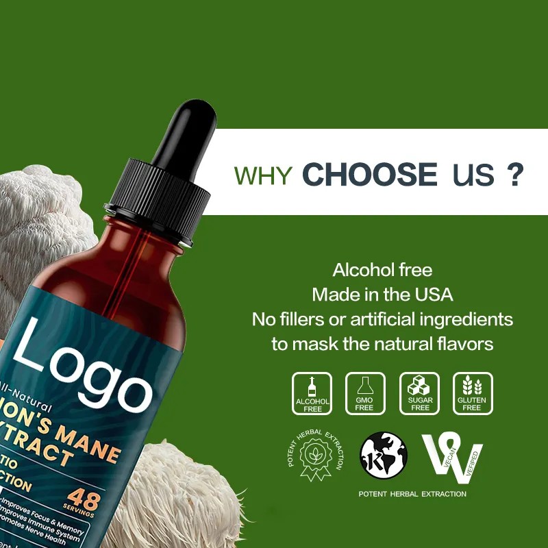 Biocaro OEM Organic Lion's Mane Supplement Absorption Mental Clarity Alcohol Free Vegan Lions Mane Mushroom Drop
