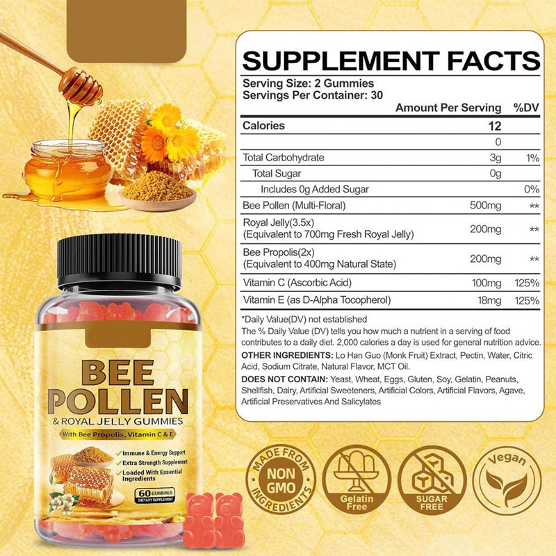 BIOCCHN Private Label Bee Pollen Gummies Bee Propolis Gummies Sugar Free Bee Pollen Supplement for Immunity & Skin Health