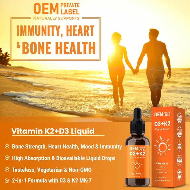 Biocaro OEM Private Label Vitamin D3 K2 Liquid Drops 5000 Iu Multivitamin Vitamin D3 with K2 Liquid Vitamin Supplements Capsule
